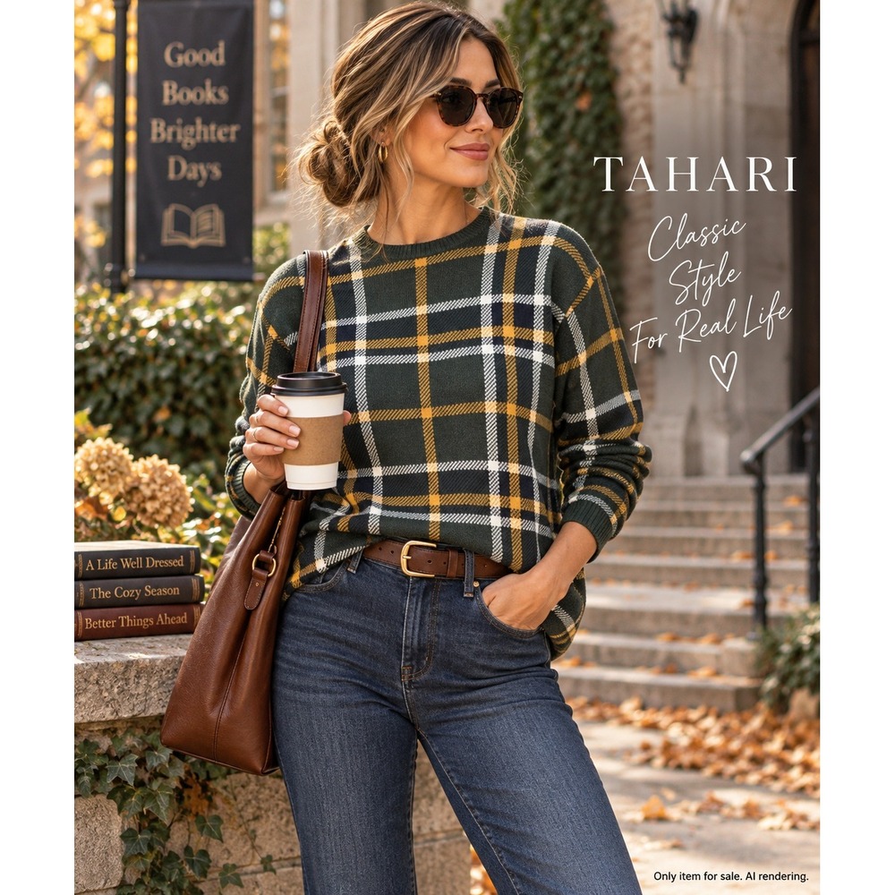 Tahari Size S Plaid Knit Crewneck Sweater Green Yellow Heritage Prep NWT
